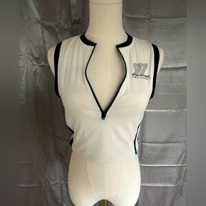 White and Black Zip-Up Crop Top sexy sporty cleavage look